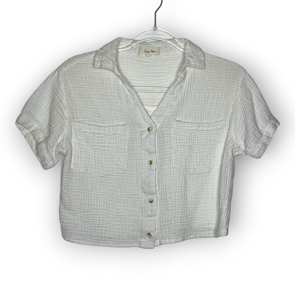 Love Notes White Cotton Gauze Short Sleeve Button Down Crop Top Women’s Small